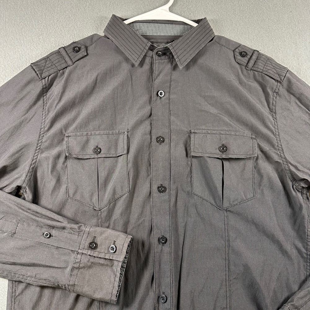 No Retreat Black Label Mens Gray Pinstripe Military Button Down Shirt Medium